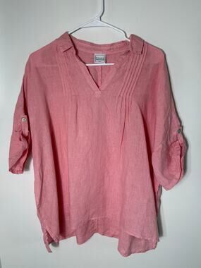 Pure Match USA Sz M Coral Pink 100% Preshrunk Linen Pintuck Neck Boxy Top EUC